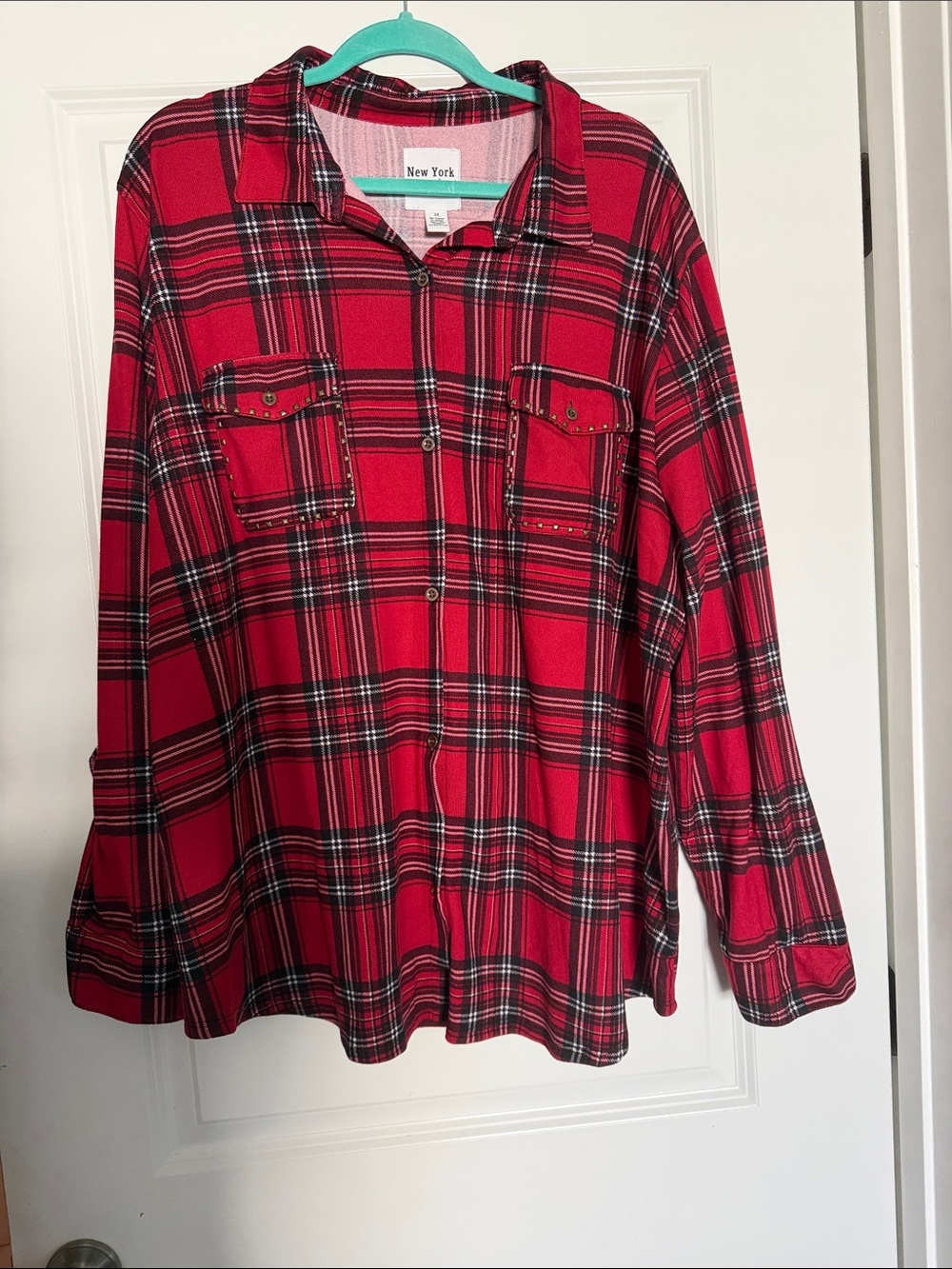 New York Laundry Red Plaid Womens Top